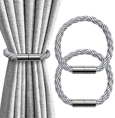 IAGORYUE Magnetic Curtain Tie Backs Set, Strong Magnet Curtains Clips Tiebacks with Weave Decorative Rope Drapery Holdback, Window Drape Buckle Holder for Thin or Thick Home Office, Pack of 2 (Silver)