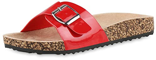 VAN HILL Damen Sandalen Pantoletten Bequeme Hausschuhe Flache Korkoptik Schuhe Freizeit Schlappen Sommer Slippers 206069 Rot Lack 36