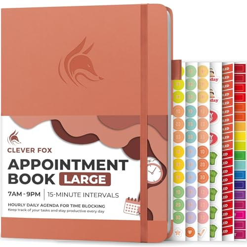 Clever Fox Appointment Book, 15-Minute Daily Planner, Undated Terracotta | Large 21x28 cm, 15 minute increments, Hardcover ourly book with time slots for women & men, Weekly pages & monthly calendars