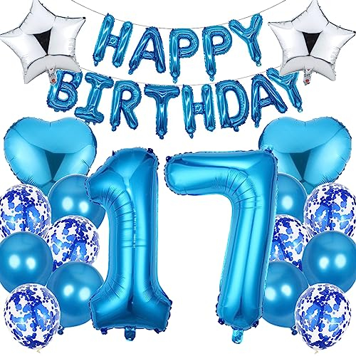 Ouceanwin Luftballon 17. Geburtstag Deko Jungen, Blau Geburtstagsdeko 17 Jahre Junge, Folienballon Happy Birthday Deko 17. Geburtstag Kinder, Ballons 17. Geburtstags Dekoration Set