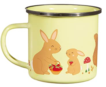 Sass & Belle Garden Friends Enamel Mug – Cute Bunny & Squirrel Design in Yellow & Brown, Durable 200ml Metal Camping Cup, Lightweight & Reusable, Ideal for Outdoor Use & Gifts