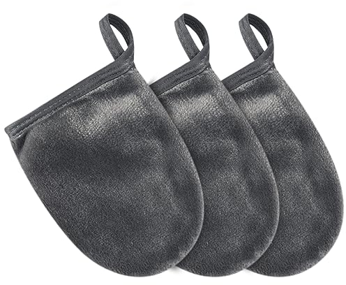 Kinhwa Waschbare Mikrofaser Make-up Entferner Handschuhe, weiches, flauschiges, dickes nicht reizendes Handtuch, wiederverwendbar für die Gesichtspflege (13x10cm, 3 Handschuhe, grau)
