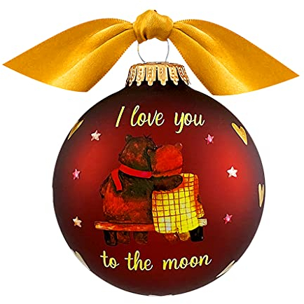 Krebs Glas Lauscha - Weihnachtsdekoration/Christbaumschmuck aus Glas - Motiv: Ich Liebe Dich Bis Zum Mond Und Zurück - in Braun Satin mit Schleife - Größe: 8cm