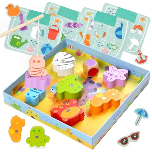 Nene Toys Angelspiel ab 2 Jahren - Magnetisches Fische-Angeln-Spiel, Magnetspiel mit Farbzuordnungs-Puzzle – Motorikspielzeug, Holzspielzeug, Montessori-Lernspiel – Geschenk Jungen Mädchen 2 3 Jahren
