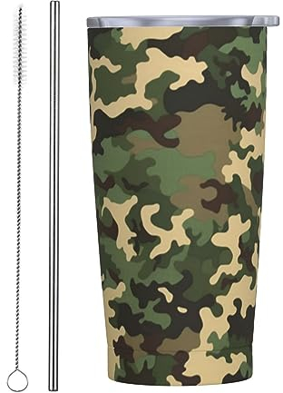 BONDIJ Camo Tumbler Edelstahl mit Strohhalm und Deckel, 550 ml, Reisebecher, Wasserflasche, vakuumisoliert, Geschenkbecher für eiskalte oder warme Getränke