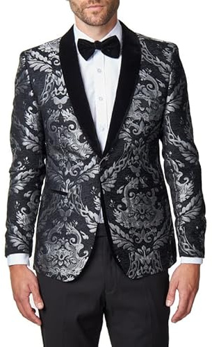 Men’s Grey Floral Foliage on Black Jacquard Jacket Tailored Fit Velvet Shawl Lapel Blazer [BLZ-311-GREY-VELVET-38]