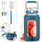 BLUEGO 2500ml Bouteille d'eau en verre avec poignée en acier inoxydable 2,5L Grande Gourd avec marqueurs de temps et manchon en silicone Carafe à eau Sans BPA pour sport, Bleu foncé