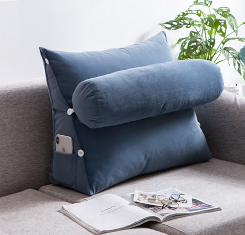 Großes Keil-Lesekissen mit verstellbarer Nackenstütze, verhindert Säurerückfluss, Lesekissen für Rücken, Sofa-Positionierungsrolle mit Tasche (60 x 50 x 20 cm, Dunkelblau)