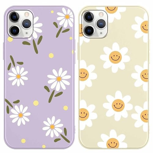 RUMDEY 2 Pack Cute Daisy Flowers for iPhone 11 Pro Max 6.5 Phone Case,Smile Pattern Aesthetic Design Cases Soft Silicone Slim TPU Shockproof Protective Fundas for Teen Girls Women (Purple&Beige)