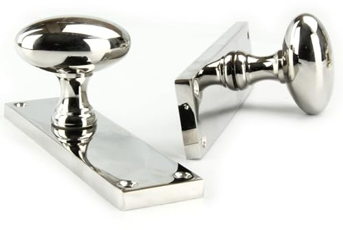 UNDERGROUND PARTS Jones & Grey New York Solid Brass Oval Round Door Knobs Handles on a Long Backplate - Polished Nickel
