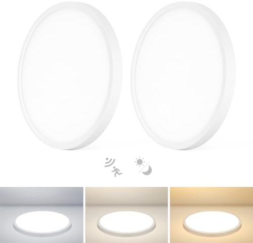 28W Deckenlampe mit Bewegungsmelder Innen, 30cm Flur LED Lampe mit Dämmerungssensor, Lampen mit Motion Sensor 2PCS, Treppenhaus Beleuchtung mit Warmweiss Neutralweiss Kaltweiss, für WC und Balkon