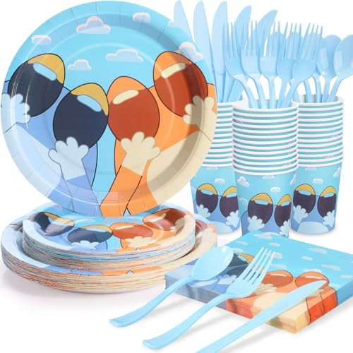 175Pcs Blue Dog Birthday Party Supplies, Blue Plates and Napkins Party Decorations, Blue Paper Plates for Children Birthday Party Decorations, Serve 25 Guest