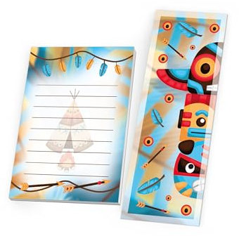 8 Lesezeichen + 8 Mini-Notizblöcke je 25 Blätter DIN A7 Set Gastgeschenk Mitgebsel zum Kindergeburtstag Motto-Party Fest Feier Event Reise Unisex Teenies Mädels Jungs Indianer Federn Abenteuer
