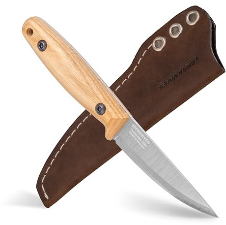 BPS Knives Finn Lite - Couteau Puukko - Couteau à lame fixe en acier au carbone avec étui en cuir - Couteau à soie complète de petite taille - Couteaux de camping - Couteau de camp scandinave
