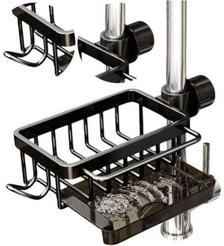 Générique Support D'éponge de Robinet de Cuisine, Porte-éponge pour Robinet avec Crochet, Étagère de Rangement Suspendue avec Bac à Goutte, pour Tuyau d'eau Circulaire de 0,7-1,1 Pouce (Noir, Right)