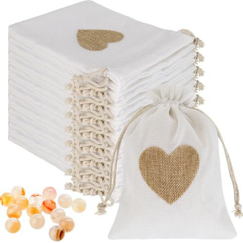 24 Sac en Toile de Jute à Cœur 15 x 20 cm Blanc - Cadeau en Jute Avec Cordon de Serrage pour Bijoux, Artisanat, Mariage, Fête et Noël