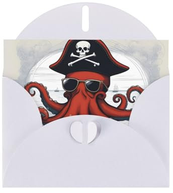 WZYWHJ Weiße Weihnachtsgrußkarte, 15,2 x 10,2 cm, mit Umschlag für Weihnachten, Geburtstag, Valentinstag, Party-Einladung, Cartoon, Segeln, Pirat, Oktopus-Bild