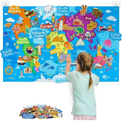 Carte Du Monde Enfant Ou Planisphere Monde. Carte Du Monde En Feutrine Murale Pour Enfants - Atlas Du Monde Avec Monuments Célèbres, Tapis Éducatif Et Décoratif, Tableau En Flanelle 110X70 Cm