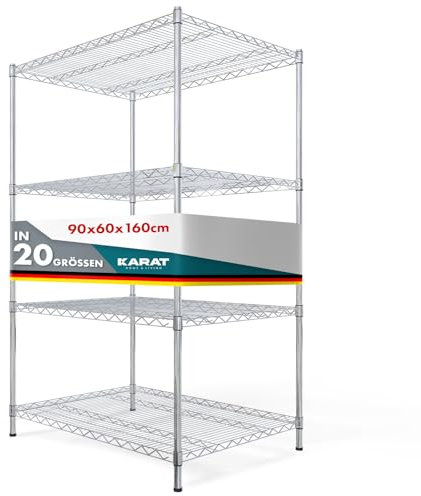 KARAT Metallregal - Aufbewahrungseinheit mit 4 Regalböden, höhenverstellbaren Einlegeböden und Nivellierfüßen (Everest Chrom - 90 x 60 x 160 cm)