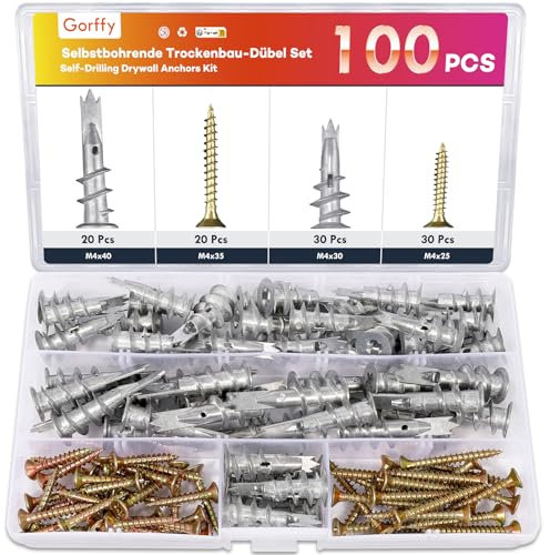 Gorffy 100 Stück Rigipsdübel Selbstbohrender, M4 Trockenbau Dübel Metall, Gipskartondübel Metall mit Schrauben, Rigips-Dübel für Schwere Lasten, Hohlraumdübelrigips Zur Befestigung, Gipsbaup