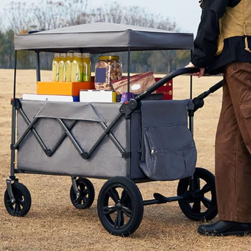 Bollerwagen faltbar mit Dach Handwagen Transportkarre Gerätewagen mit Griff mit 4 verstärkten Rollen Faltbarer Bollerwagen All Terrain Bollerwagen mit Bremsen bis 100 kg Tragkraft für Einkauf