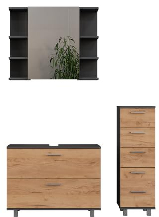 Vicco Badmöbel-Set Ilias, Goldkraft Eiche/Anthrazit 80.2 cm | besteht aus Waschbeckenunterschrank, Spiegelschrank und Midischrank