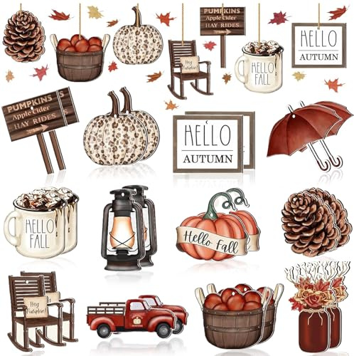 Deko Hänger Herbst Holz 24 Stück Autumn Decor Hänger Herbstdeko Innen Draußen Kürbis Kiefernzapfen Stühle Autos Fall Dekoration mit Schnur Thanksgiving Deko