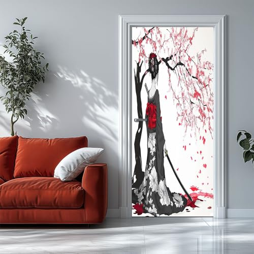 Tür Tapeten Selbstklebend Japanischer Stil Geisha Sakura 90x200 cm Weiß Türposter Türaufkleber Wasserdicht Abnehmbare Vinyl Türfolie Fototapete Diy Wandbild Schlafzimmer Badezimmer
