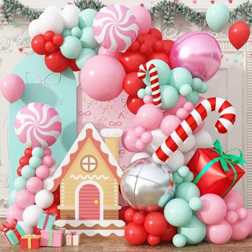 Weihnachtsballon-Girlande, 129 Stück, Rosa, Grün, Rot, Weiß, Weihnachtsballonbogen-Set mit Folie, 55,9 cm, großer 4D-Ballon, Zuckerstange, Geschenkbox, Luftballons für Weihnachtsfeier, Lebkuchenmann