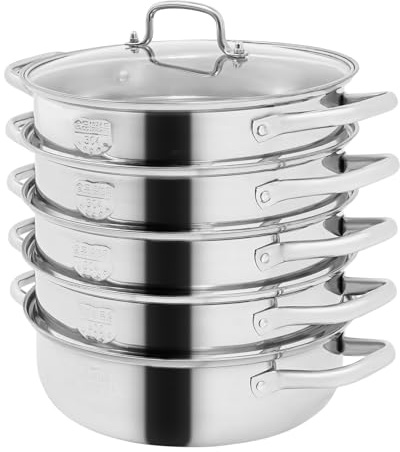Donened - 5 Etagen Dampfkocher, Dampfgarer Topf Edelstahl mit Glasdeckel & 4 Dampfgitter, Dampfkochtopf Induktion, für Gasherden, Induktionsherden, Elektroherden (Silber 28cm)