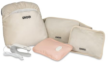 Unold 86020 Wärmi Premium Set aus elektrischer Wärmflasche mit Heizgürtel & Fußwärmekissen, wohltuende Wärme für Bauch Rücken Nacken Füße, sichere Handhabung ohne heißes Wasser und Smog bis 65°C Beige