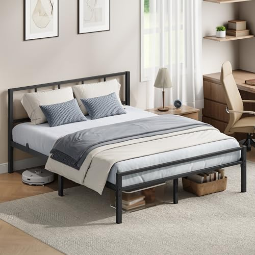 VASAGLE Cadre de Lit 140 x 190 cm avec Sommier, Tête de Lit, en Métal, Supporte Jusqu'à 500 kg, Montage Facile, pour Chambre, Noir d'encre RMB293B101
