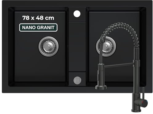 SINK QUALITY Doppelspüle schwarz mit Armatur, Granitspüle Doppelbecken 78x48 cm, Doppel Spülbecken mit Siphon und Imprägniermittel, 2 Becken Küchenspüle ab 80er Unterschrank