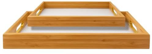 2-Piece Wooden Serving Tray Set with Handles – Elegant Rectangular Serving Platters/Trays for Tea, Coffee, Snacks & Breakfast | Kitchen & Dining Trays | Party Serving and Platters (Brown 2)