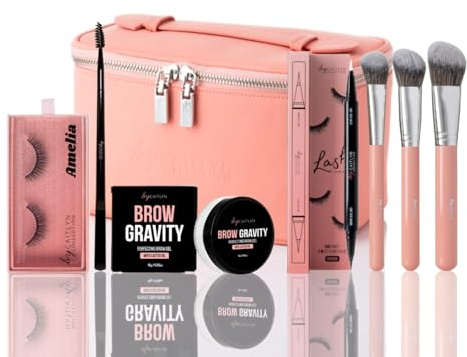 By Caitlyn Ultimate Beauty Bundle - Coral Makeup Bag, Brow Gravity Styling Balm, Amelia Lash, Lash Glue Liner Pen, Base Bestie Brush Set,