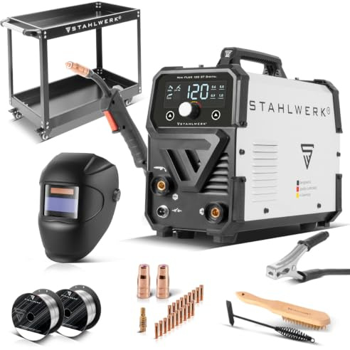 STAHLWERK Poste à souder Mini FLUX 120 ST Digital – Kit complet avec chariot – Soudage au fil fourré (FLUX) sans gaz jusqu'à 120 A, dévidage synergique, LED, fonction Lift-TIG & MMA (ARC)
