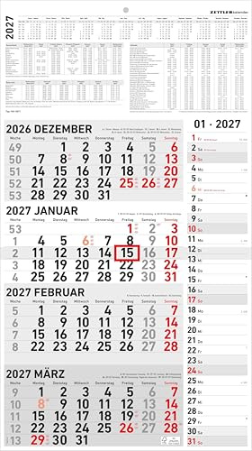 4-Monatskalender Kombi 2027: Wandkalender 33x59 cm mit 4 Monaten pro Blatt, Datumschieber, Wochenzählung, Feiertagen & Ferien ideal für Büro & Homeoffice