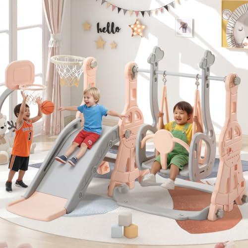 Scivolo 4 in 1 per bambino, Scivolo per Bambini Interno Esterno con una balançoire, Uno Scivolo, una scala e un Cestino da Basket, Balançoire Autoportante con Scivolo (Rosa)
