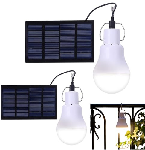 Lot de 2 Lampes Solaires Ampoules avec 3,5M de Câble, Suspendues Lampe Solaire Extérieur et Intérieur, LED Lanterne Solaire pour Jardin Balcon Terrasse Garage Cour
