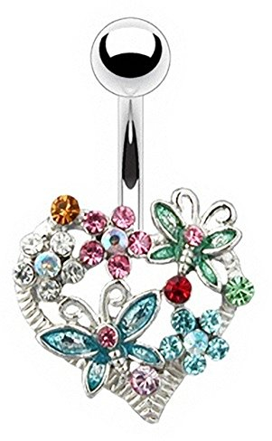 Piercingfaktor Bauchnabelpiercing Chirurgenstahl Bauch Bauchnabel Piercing Banane Stecker Anhänger mit Ring Bunte Multi Kristall Blumen Schmetterling Butterfly Herz