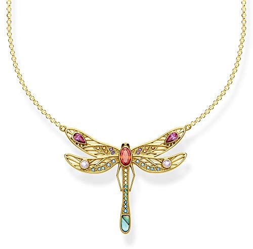 Thomas Sabo Damen Libellenkette groß Sterling-Silber 925 vergoldet 18 Karat Gelbgold, schwarz emailliert KE1838-316-7, L45 V, Zirkonia, Türkis, L45 V, Zirkonia, Türkis, L45v, Sterling Silber,