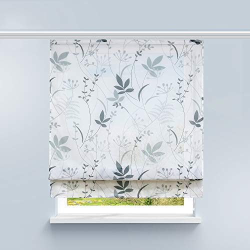 HongYa Raffrollo Voile Gardine Transparente Raffgardine mit Klettschiene Küche Vorhang Kleinfenster H/B 140/100 cm Blatt Muster