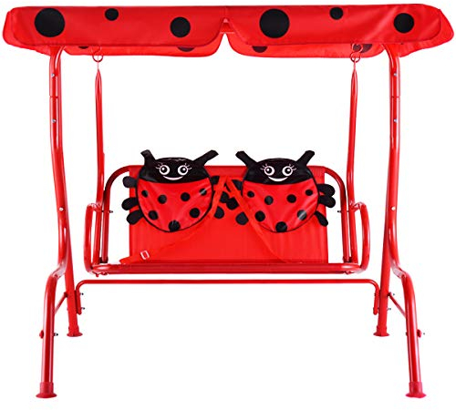 GIANTEX Kinder Hollywoodschaukel, 2 Sitzer Schaukelbank Kinderschaukel mit 2 Sicherheitsgurten & Sonnendach, Gartenschaukel Gartenbank Gartenliege mit Marienkäfer-Muster