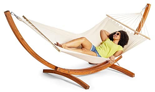 VonHaus Hammock with Stand - Freestanding 1 Person Hammock with Natural Larch Wood Stand - Single Cotton & Curved Frame for Garden, Patio & Outdoors