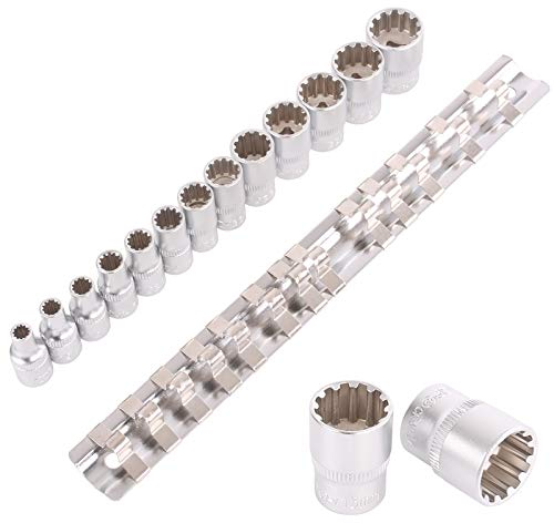 TECPO Vielzahn Steckschlüssel Satz 1/4 Zoll, 13-teilig, aus Chrom-Vanadium-Stahl, matt verchromt, für Sechskant, Zwölfkant, E-Profil, metrisch & Zollgrößen, auf stabiler Metallschiene, mit Rändelung