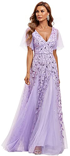 Ever-Pretty Robe de Soirée Femme Longue Tulle à Paillettes A Line Manches Courtes Évasées Col V Lavande 42