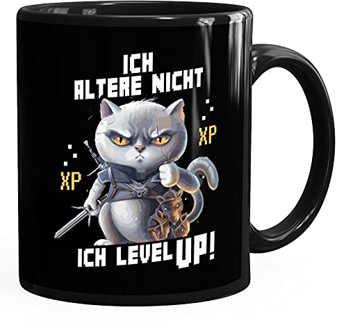 MoonWorks® Kaffee-Tasse Gaming ich altere nicht ich level up! Zocker Sprüche Fun-Shirt Katze Cat Videospiele lustig schwarz Keramik-Tasse