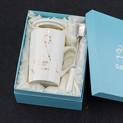 qingci Constellation Mug Keramikbecher mit Deckel Löffel Kaffeetasse Creative Home Teetasse 401-500ml Fische alba