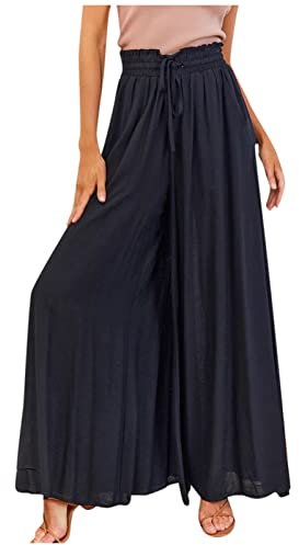 Azruma Hose Damen Elegant Chiffon Kordelzug High Waist Plissee Weites Bein Lang Hose mit Taschen Palazzo Einfarbig Culottes-Hose Strandhose Lose Lässige Freizeithose Schlupfhose Pumphose