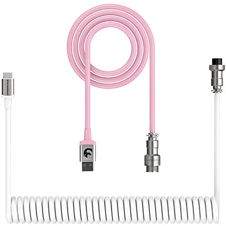 Cables Custom Coiled Aviator USB-C Keyboard Cable, Double-Sleeved Mechanical Keyboard Cable with Detachable Metal Aviator, USB-C to USB-A, for Mechanical Gaming Keyboard Phone Laptop(White/Pink)